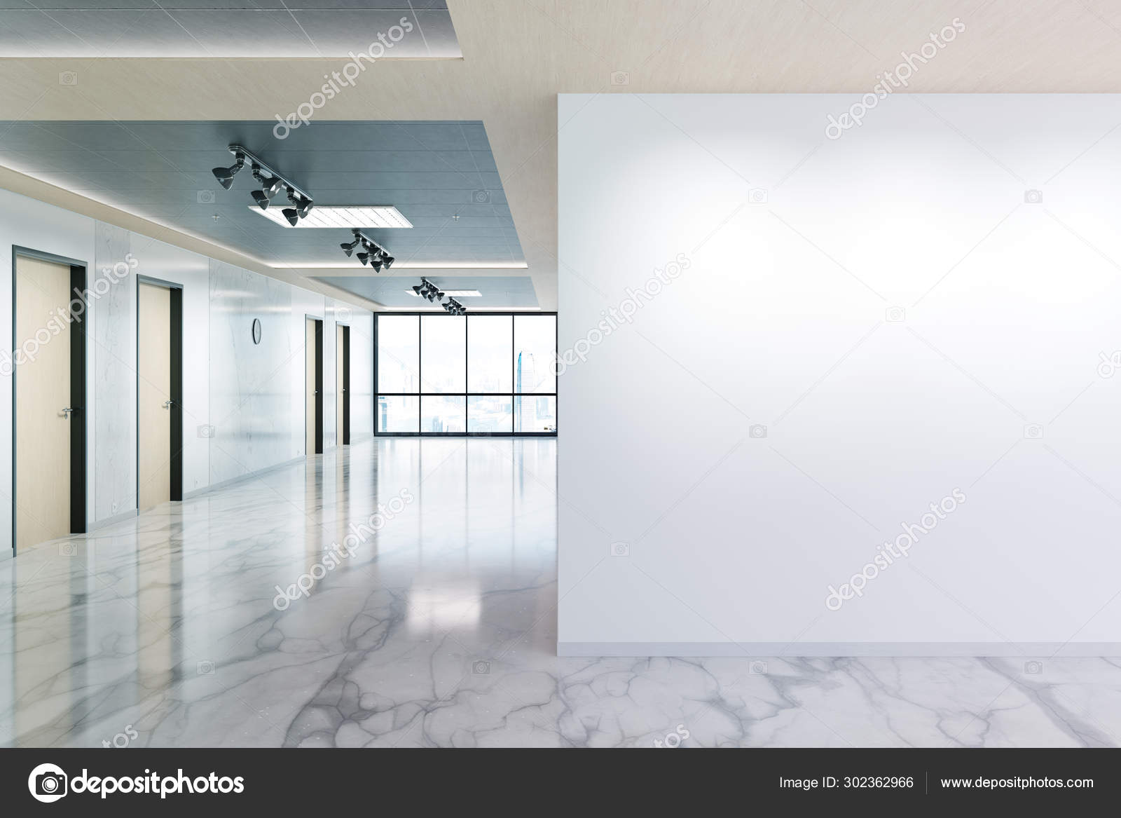 Blank wall in marble and wooden office mockup with large windows Stock  Photo by ©sdecoret 302362966