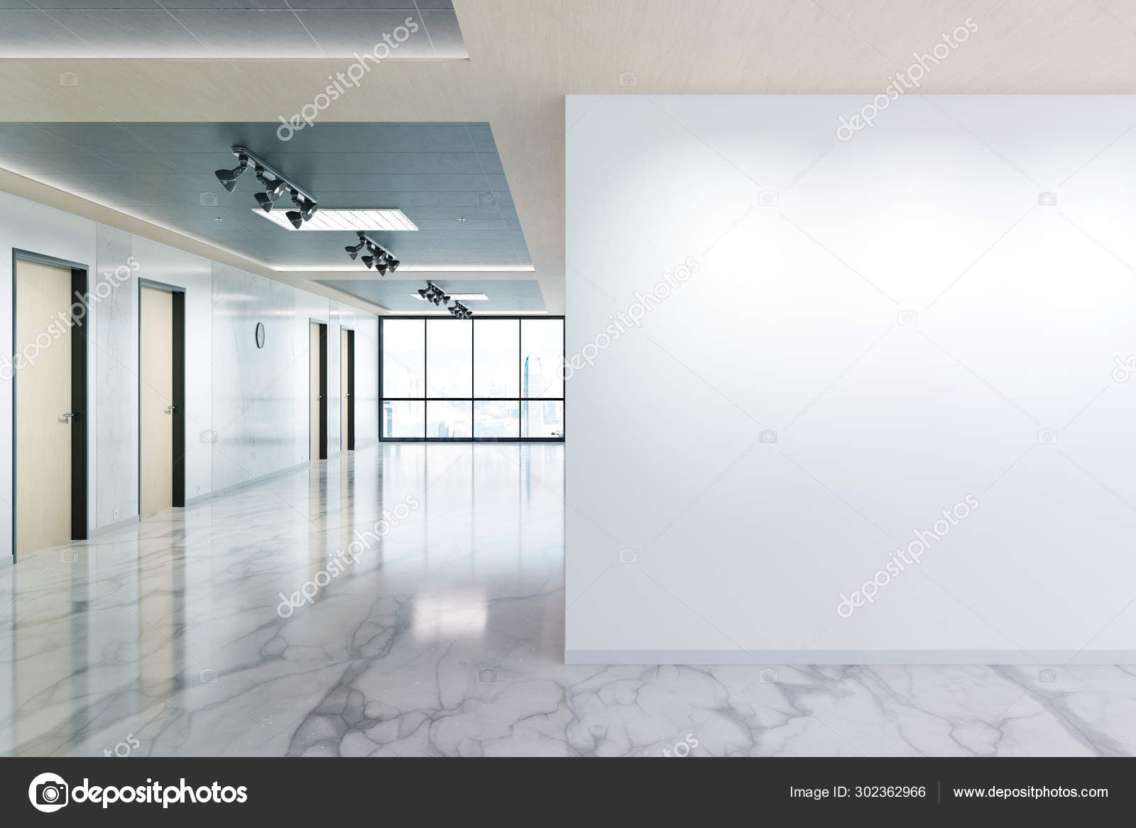 Download Blank Wall In Marble And Wooden Office Mockup With Large Windows Stock Photo C Sdecoret 302362966 PSD Mockup Templates