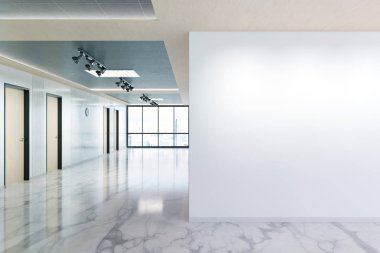 Mermer ve ahşap ofis mockup büyük pencereler ile boş duvar