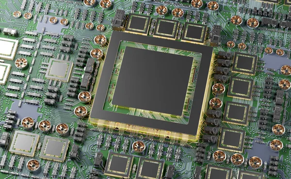 Nahaufnahme einer modernen GPU-Karte mit Schaltung 3D-Rendering — Stockfoto