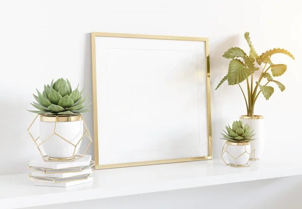 Frame leunend op witte ijskast in licht interieur met planten en — Stockfoto