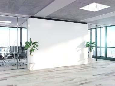 Büyük pencereler Mockup 3 ile parlak beton ofiste Boş duvar