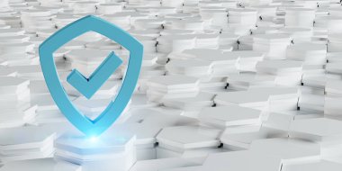 Altıgen yanarak bahislerin doğru arka plan 3d render üzerinde beyaz mavi kalkan kutsal kişilerin resmi