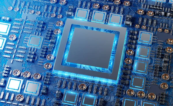 Vista de cerca de una tarjeta de GPU moderna con renderizado en circuito 3D — Foto de Stock