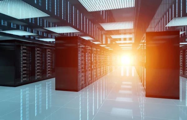 Dark servers datacenter rum med ljust Halo-ljus genom — Stockfoto