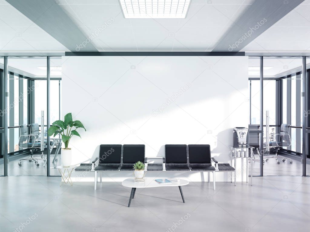 Blank white wall in bright concrete waiting room with large windows Mockup 3D rendering