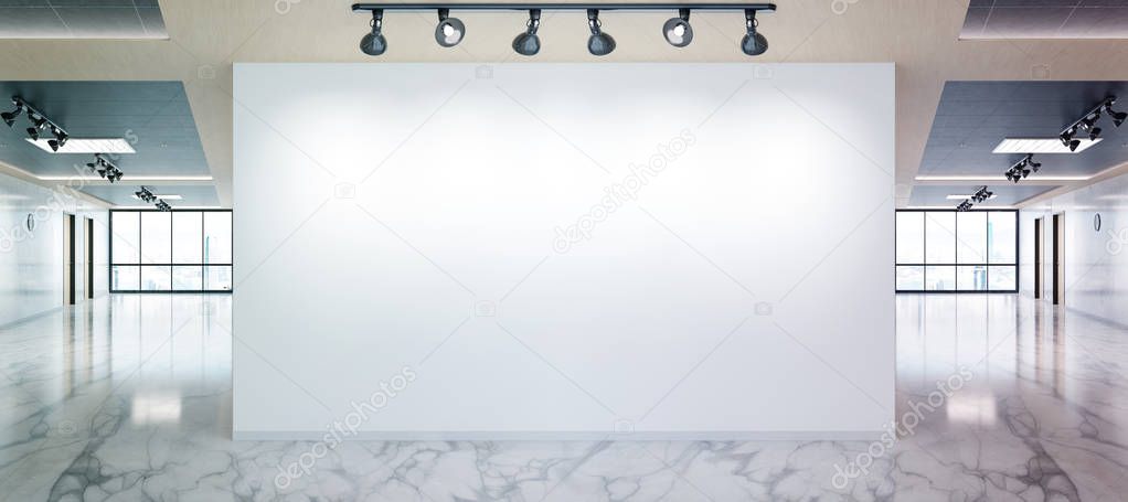 Blank wall in bright marble and wooden office mockup with large windows and sun passing through 3D rendering