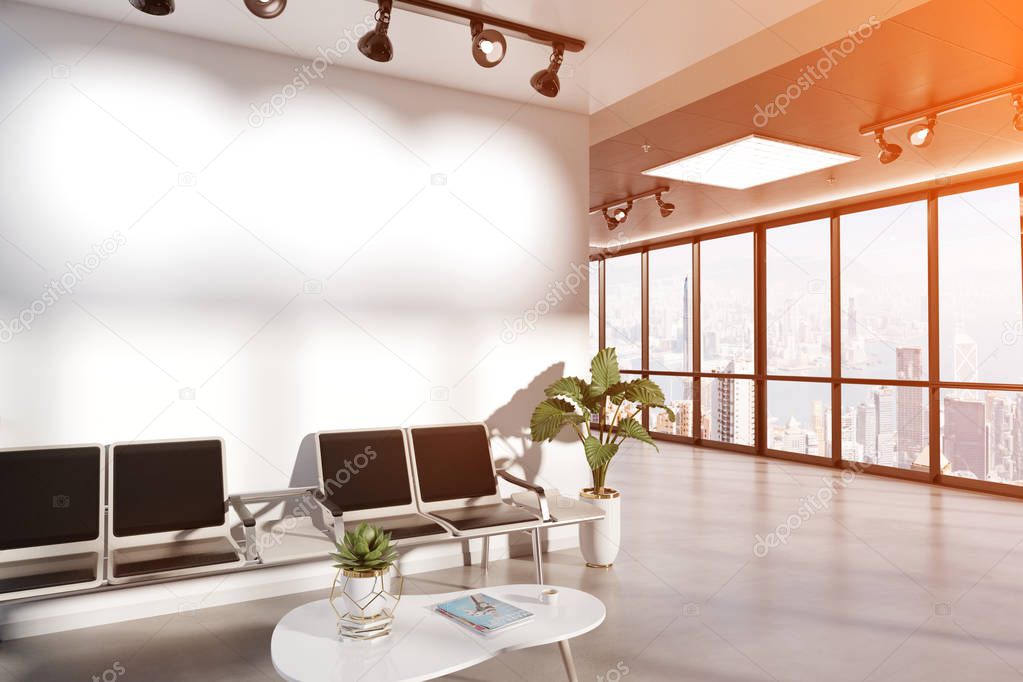 Blank wall in bright waiting room mockup with large windows and sun passing through 3D rendering