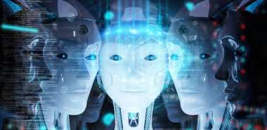 Dijital hologram ekranlar 3d r kullanarak kadın robotlar kafalarını grup