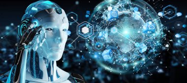 Dijital ekran arabirimi 3d işlemesini kullanan beyaz erkek robot