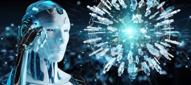 Beyaz erkek robot insanlar 3d render bağlanmak için dijital dünya kullanma