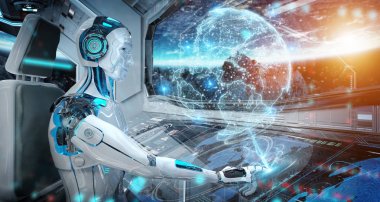 Robot bir beyaz modern uzay gemisi galibiyetle uçan bir kontrol odasında