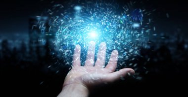 Yeni futuristik enerji güç kaynağı 3D rende oluşturma işadamı