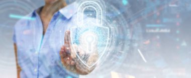 Verileri korumak için dijital asma kilit güvenlik arabirimini kullanan kadınlar 3