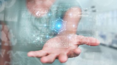 Verileri 3D render ile dijital teknolojik arayüz kullanan kadın