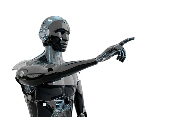 Svart og blå, intelligent robot cyborg peker finger på hvit – stockfoto
