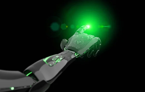 Black and green intelligent robot cyborg arm pointing finger on