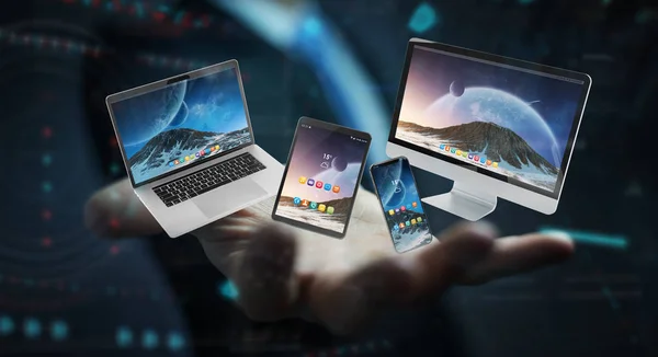 Modern akıllı telefon tablet Laptop ve compu bağlayan işadamı — Stok fotoğraf