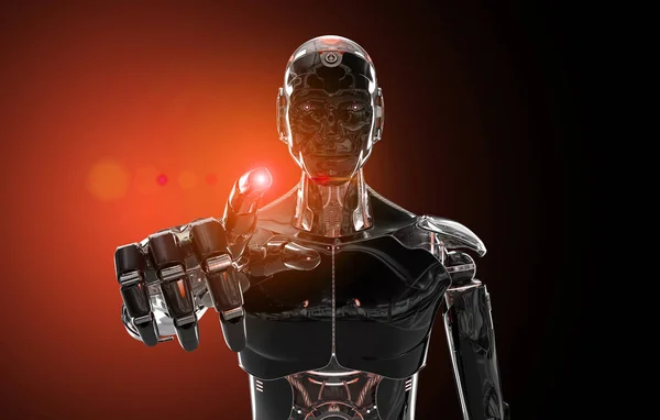 Preto e laranja inteligente robô cyborg apontando dedo no dar — Fotografia de Stock