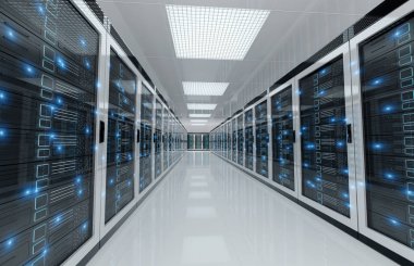 Bilgisayar ve depolama sistemleri 3D ile beyaz sunucular merkezi Oda 
