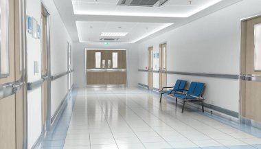 Oda ve koltuk 3d render ile uzun hastane parlak koridor