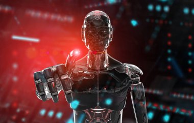 Siyah ve kırmızı akıllı robot cyborg koyu 3 parmak işaret