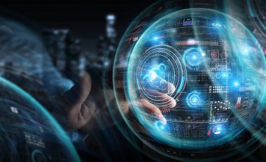 Verileri 3D ile dijital teknolojik arayüz kullanan işadamı 