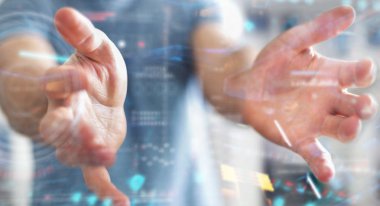 Verileri 3D ile dijital teknolojik arayüz kullanan işadamı 