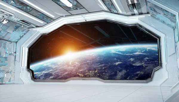 화이트 블루 우주선 미래 인테리어 pla에 창 보기 — 스톡 사진