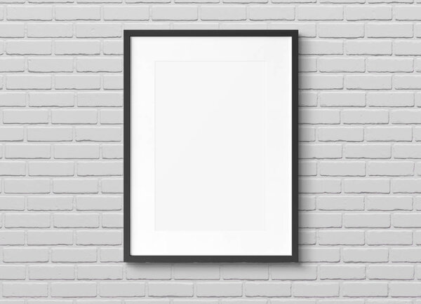 Black squared wooden frame on brick wall background 3D rendering
