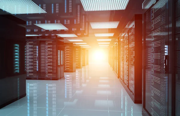 Dark servers datacenter kamer met felle Halo licht door de — Stockfoto