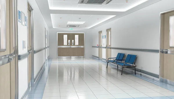 Largo pasillo luminoso hospital con habitaciones y asientos 3D renderizado —  Fotos de Stock