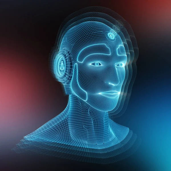 代表人工智能的线框机器人人的头 — 图库照片