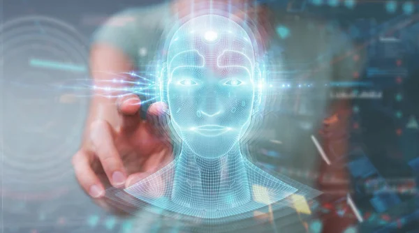 Woman using digital artificial intelligence head interface 3D re