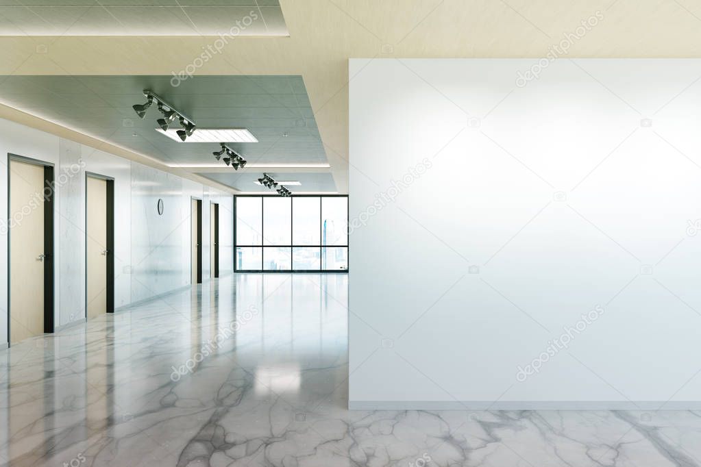Blank wall in marble and wooden office mockup with large windows