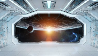 Beyaz mavi uzay gemisi fütüristik iç pencere manzaralı pla