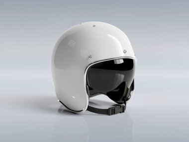 Gri arka plan Mocku üzerinde izole beyaz Vintage motosiklet kask