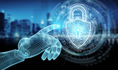 Wireframed mavi robot el karanlık arka dijital asma kilit dokunmadan