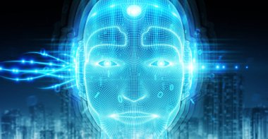 Robot adam cyborg yüz yapay zeka temsil eden 3d 