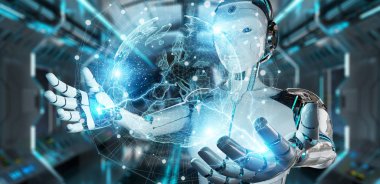 Avrupa haritası 3d rend ile küre ağ hologramı kullanarak beyaz robot