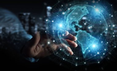 Amerika ABD harita dünya ağ hologram 3D kullanarak işadamı el