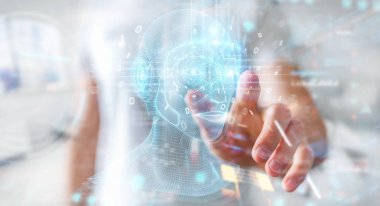 Dijital yapay zeka kafa arayüzünü kullanan işadamı