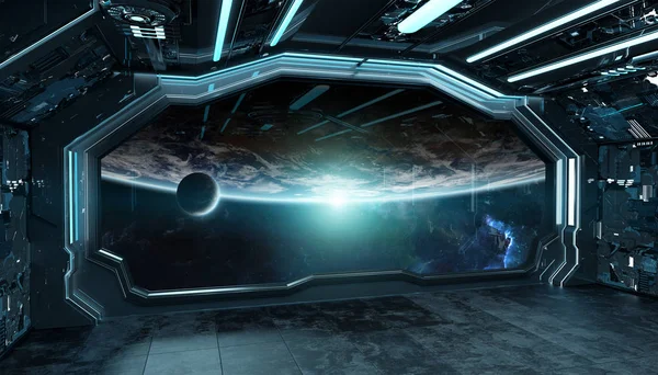 Futurystyczne wnętrza ciemny niebieski statek kosmiczny z okna widok na plan — Zdjęcie stockowe