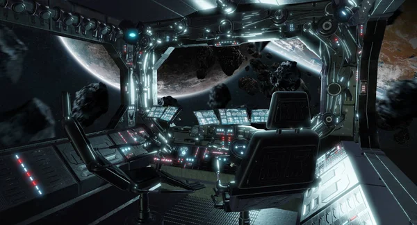 Διαστημόπλοιο γκραντζ δωμάτιο εσωτερικού ελέγχου με θέα στο διάστημα 3D Ren — Φωτογραφία Αρχείου