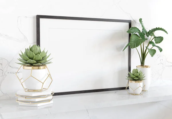 Zwart frame leunend op witte ijskast in heldere interieur met plan — Stockfoto