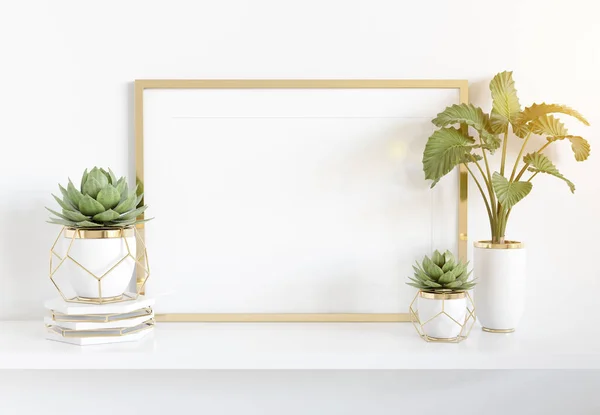 Marco apoyado en estante blanco en el interior brillante con las plantas y —  Fotos de Stock