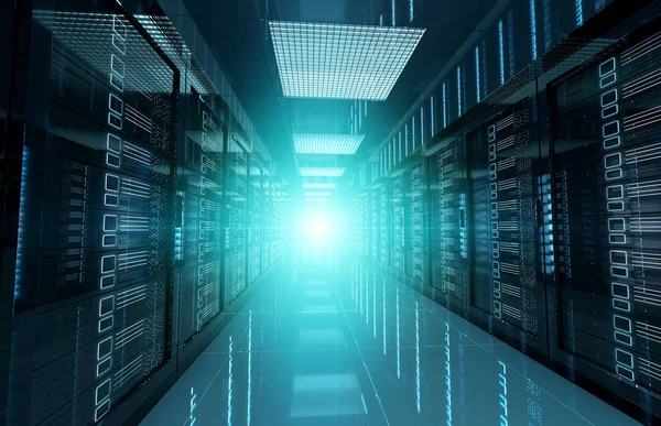 Sala data center con server scuri con luce alone brillante attraverso il — Foto Stock