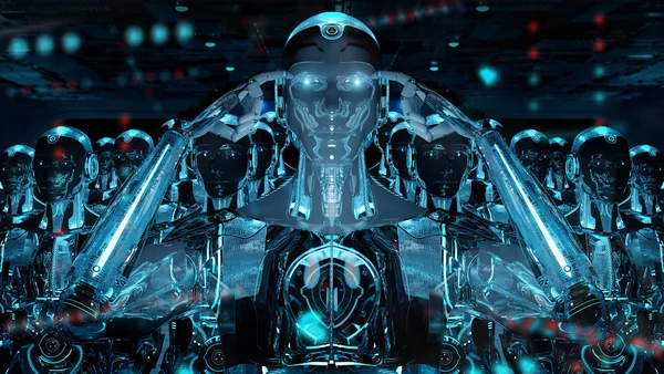 Ομάδα των αρσενικών ρομπότ μετά ηγέτης σάιμποργκ στρατού 3d rendering — Φωτογραφία Αρχείου