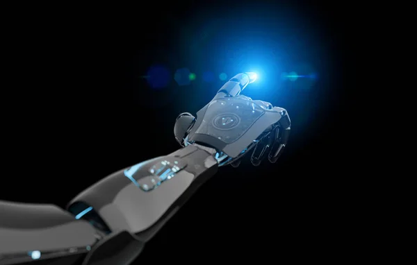 Brazo cyborg robot inteligente negro y azul apuntando con el dedo a d —  Fotos de Stock