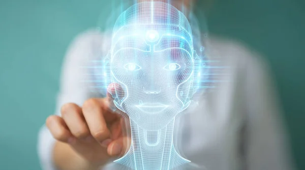 Kobieta wykorzysta cyfrową sztuczną inteligencję głowa interfejs 3D re — Zdjęcie stockowe